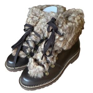 LANDSEND Women’s Leather Faux Fur Cuff Booties, Side Zip